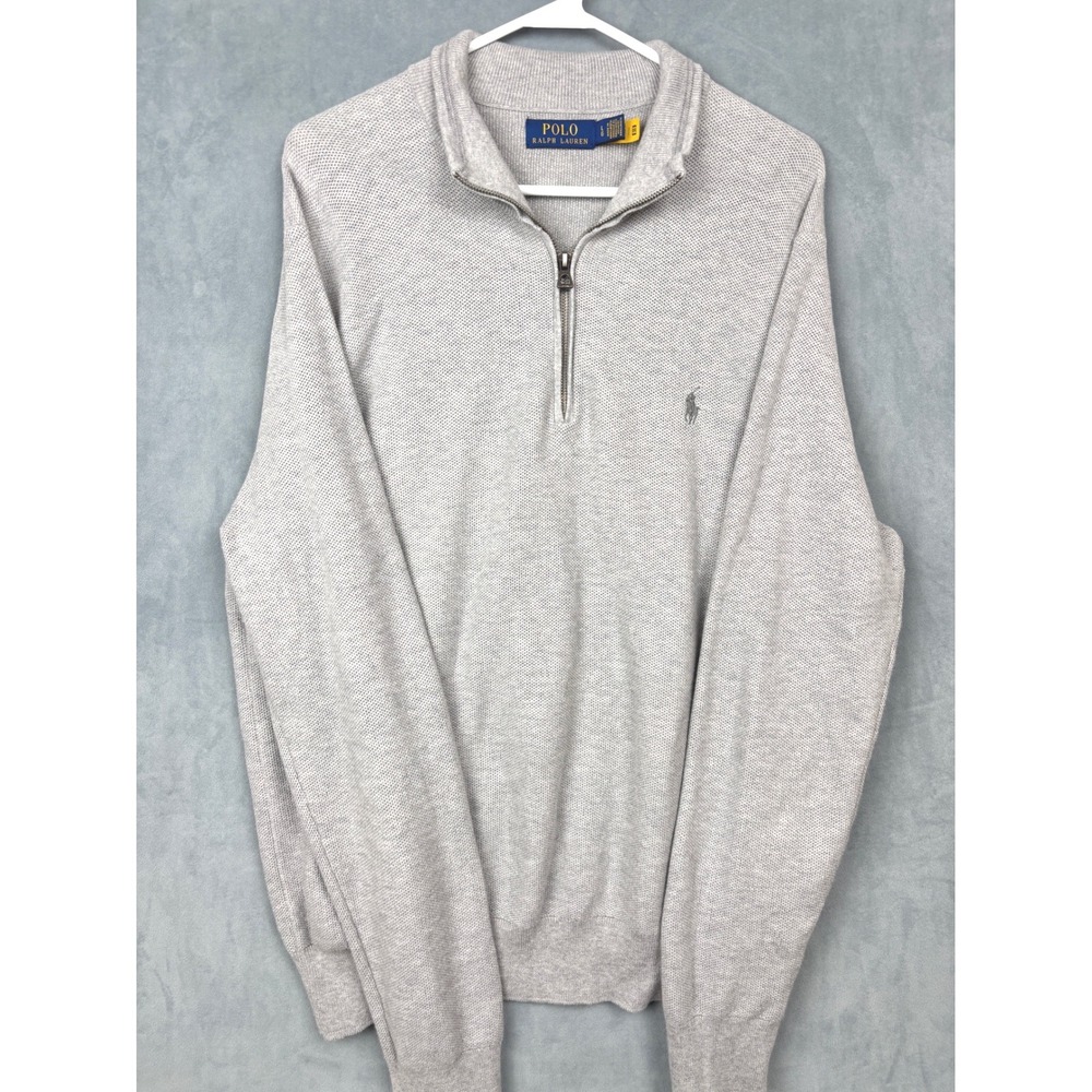 Polo Ralph Lauren Mens Large Grey 1/4 Zip Cotton Pique Knit Sweater Pony Logo